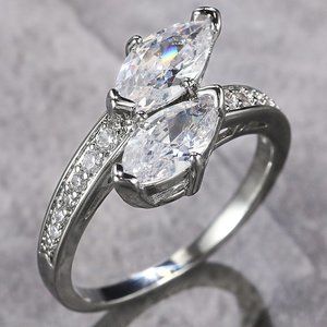 💛GORGEOUS 14K WHITE GOLD TWISTED DOUBLE MARQUIS TRENDY FASHION RING, K912